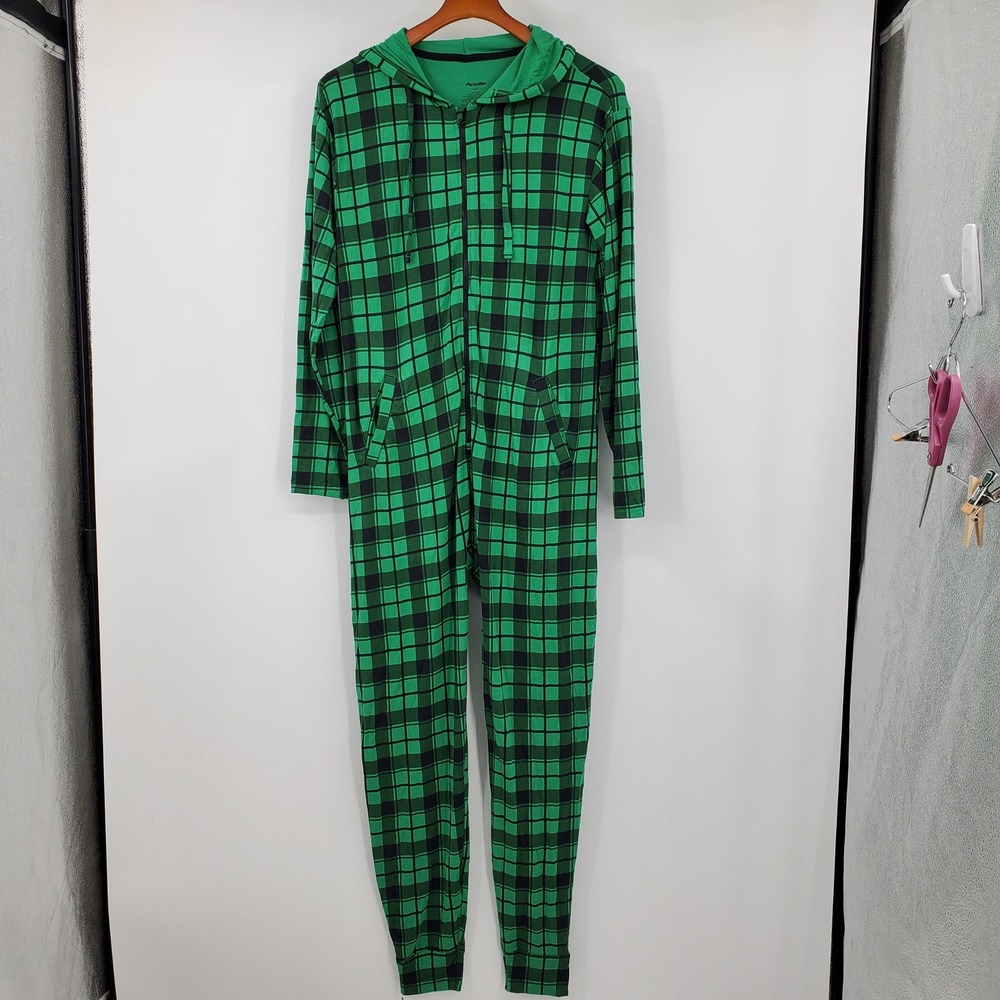 MeUndies Green Black Plaid Hooded Loungewear Jumpsuit One Piece S/M Sleepwear